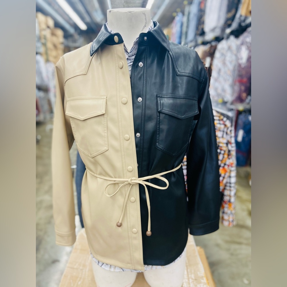 Ladies vegan leather two tone snap button jacket